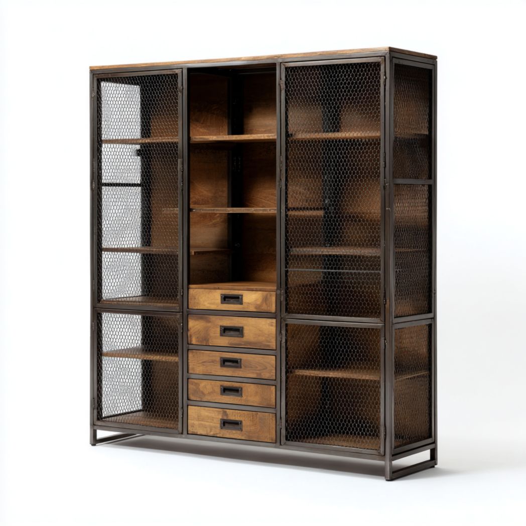 Regał z metalowymi półkami do biura z drewna - 150 x 40 x 200