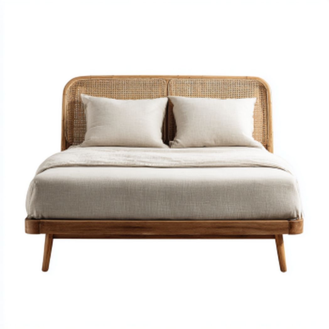 Łóżko z rattanowym wezgłowiem do sypialni z drewna - 200 x 160 x 100