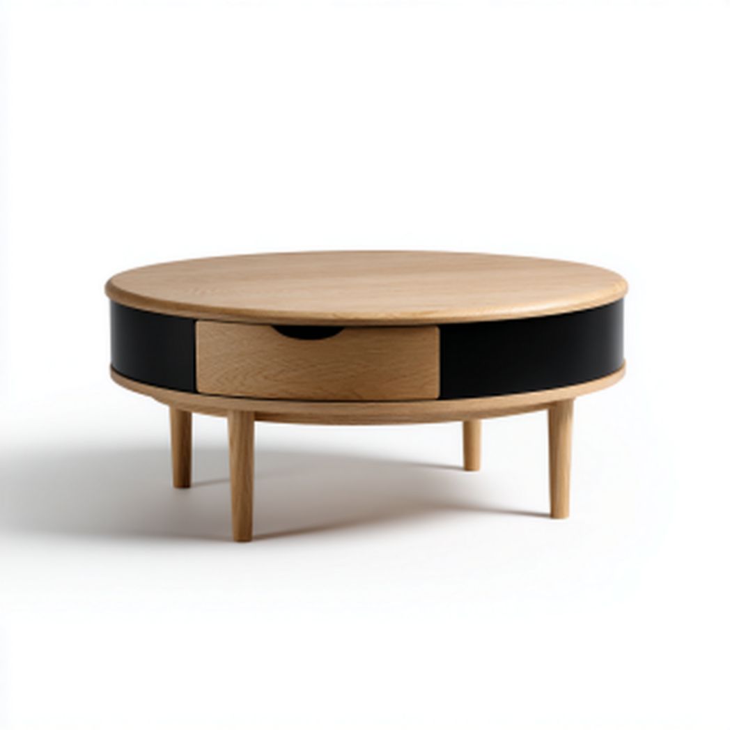 Stół kawowy okrągły z drewna dębowego z szufladą - 60 x 60 x 30